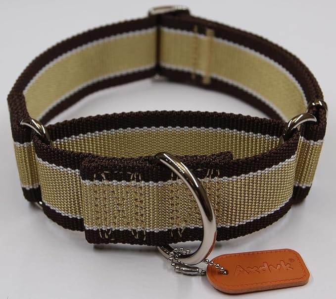 Martingale Collar 1.5 Inch Wide 1600D Extra Strong Anti Escape Nylon Dog Collar, No Pull Heavy Duty Pet Collars with 3-Color Stripe for Large to XLarge Dogs (XL, Khaki & Dark Brown)