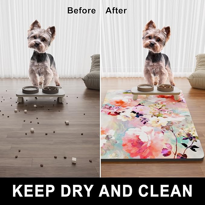 Dog Food Mat, 16" x 24" Flower Absorbent Dog Cat Bowl Mat for Food and Water, Cute Anti-Slip Rubber Pet Feeding Rug Protect Floors, Placemat for Feeding & Watering Supplies, Pink