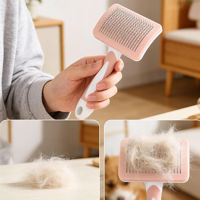 Self Cleaning Slicker Brush for Dogs & Cats, One-Click Self-Cleaning Deshedding Grooming Brush, Skin-Friendly Pet Hair Remover for Long & Short Haired Pets, 1 Pack