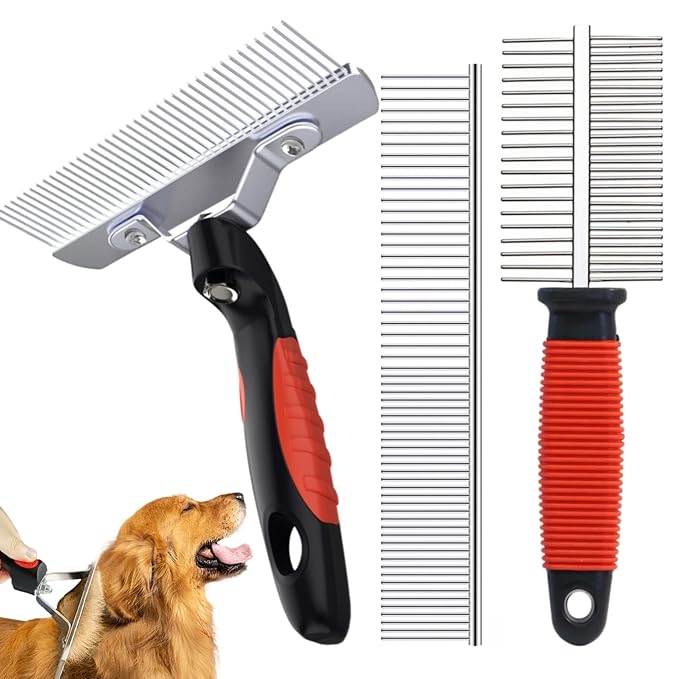 3-Pack Long-Tooth Pet Brush Set - Dog Rake Brush & Steel Shedding Comb & Double-Sided Teech Comb for Double Coat Large Dogs, Horses