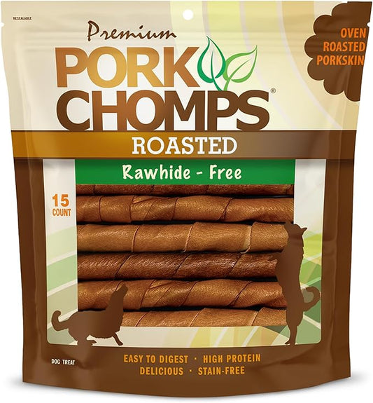 Pork Chomps Roasted Pork Skin Dog Chews, 6 Inch Twists, 15 Count - Long-Lasting Treats for Dogs - High Protein, Rawhide-Free, Low Fat, Healthy & Delicious Chews
