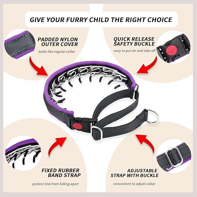 Martingale No Pull Dog Collar for Large Medium Small Dogs, Heavy Duty Nylon Reflective Adjustable Anti Pull Slip Collar with Buckle for Training Walking M Black Purple