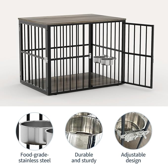 43" Dog Crate Furniture, Wooden Dog Crates with Double Doors and Lockable Kennel, Heavy Duty Indoor Pet House Side End Table for Medium and Large Dogs