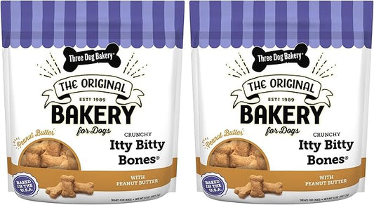 Three Dog Bakery Itty Bitty Bones Peanut Butter Dog Treats,32oz - Crunchy Bones for-Dog Training Treats,Real Peanut Butter Puppy Training-Treats,Dog-Bakery-Treats,(Pack of 2)