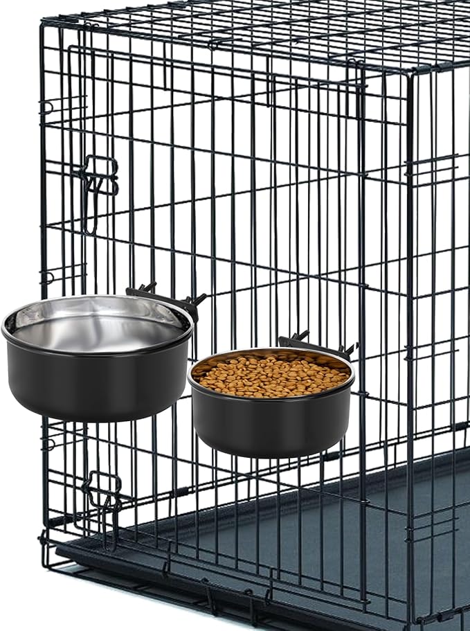 Crate Dog Bowls, Removable Stainless Steel Dog Bowl for Food and Water, Pet Kennel Hanging Food Water Feeder Station for Small/Medium/Large Pets, (7.1"x2.6" & 6.3"*2.4", Black)