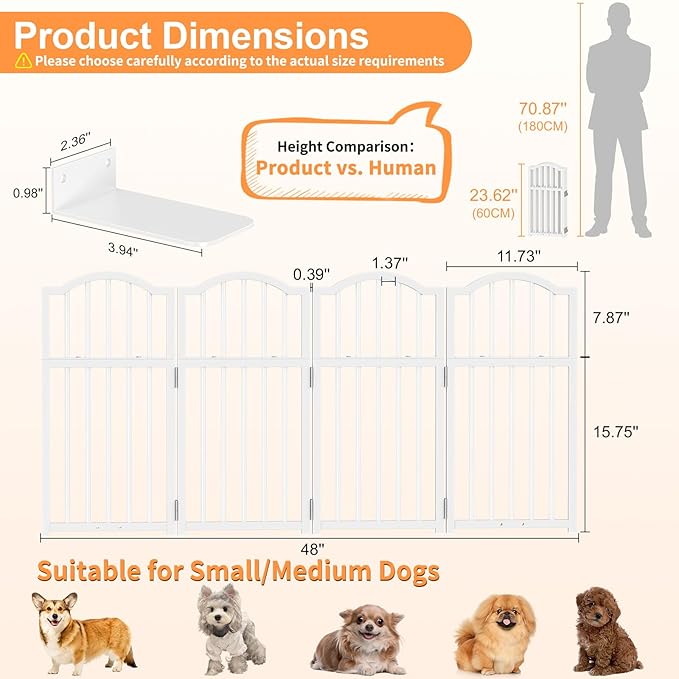 Snughome Dog Gate Indoor, 23.62" H Freestanding Short Dog Door Gates with Support Feet, Expands Up to 48’’ Wide Foldable Pet Gates for Doorways, 4 Panel Folding Pet Door Pet Fence for Puppy, White