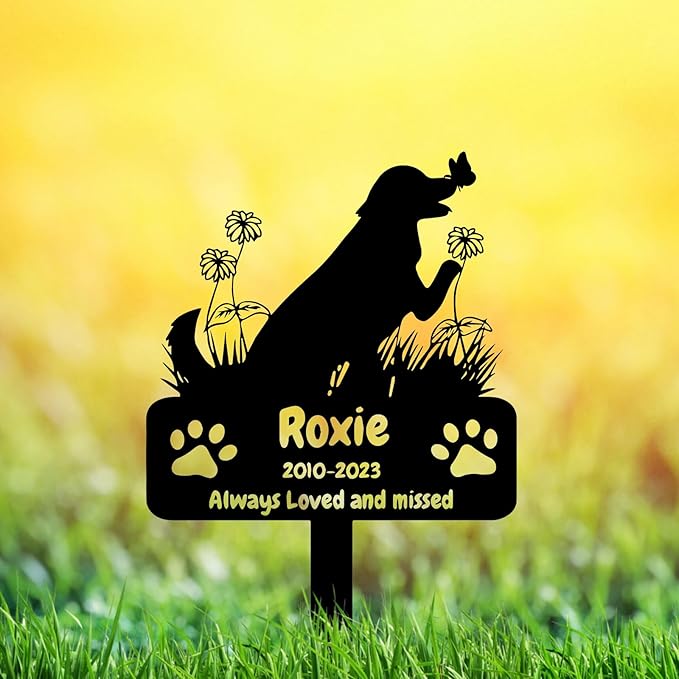 Personalized Flowers Dog Memorial Grave Marker Garden Stake, Custom Dog Memorial Grave Marker Burial Stake, Customized Metal Butterfly Dog Memorial Stake Plaque Outdoor Pet Headstone