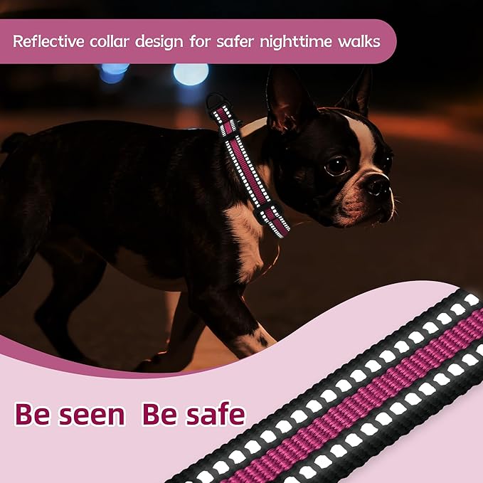Martingale Collar for Dogs Reflective Collar with Quick Release Buckle, Adjustable Nylon Collars for No Slip Dog Collar, Hot Pink, S