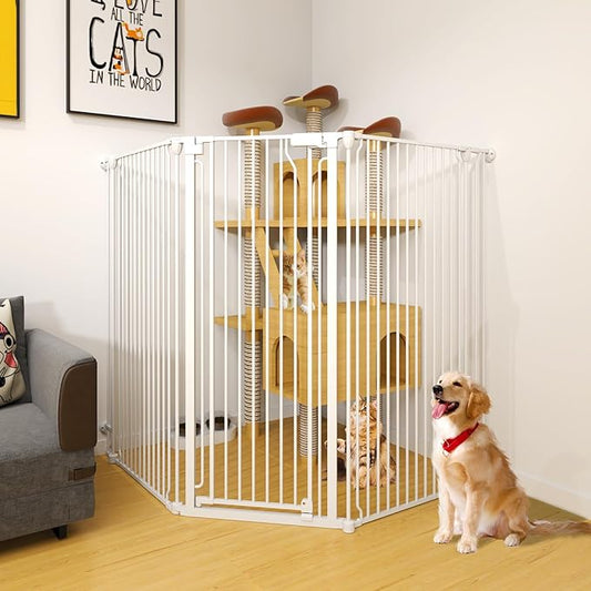 51" Extra Tall Cat Gate for Cats – 57.4" to 81" Extra Wide Cat Gate for Doorway,Auto Close 3-Panel Durable Pet Gate Indoor Use, Metal Dog Gate for Kitchens, Doorways & Stairs (White)