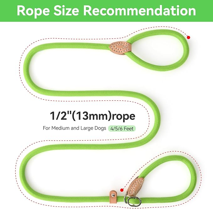 Mile High Life Slip Lead Dog Leash - 4FT, 5FT, 6FT Heavy Duty Rope Leash for No Pull Training, Durable Braided Dog Lead with Leather Stopper & Tip for Medium Large Dogs