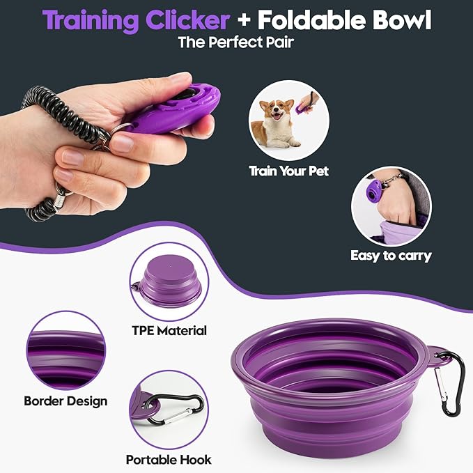 Dog Treat Pouch – Large Capacity with Magnetic Closure, Dog Walking Fanny Pack Built-in Poop Bag Dispenser, Clicker & Collapsible Bowl for Training & Walking - Purple