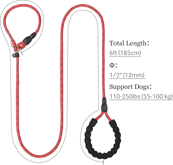 TagME Slip Leads for Dogs that Pull, 6 FT No-Pull Training Leash with Lock, Escape-Proof Design, Reflective & Padded Handle for Large Dogs, Red