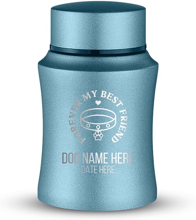 Customized Small Keepsake Urn Personalized Engraved with Pet Name, Date, and Text - 4" Powder Coated Cremation Mini Compact Urn for Dogs Ashes | 5–10 Lbs Capacity | Powder Blue, Forever My Best Friend