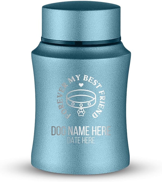 Customized Small Keepsake Urn Personalized Engraved with Pet Name, Date, and Text - 4" Powder Coated Cremation Mini Compact Urn for Dogs Ashes | 5–10 Lbs Capacity | Powder Blue, Forever My Best Friend