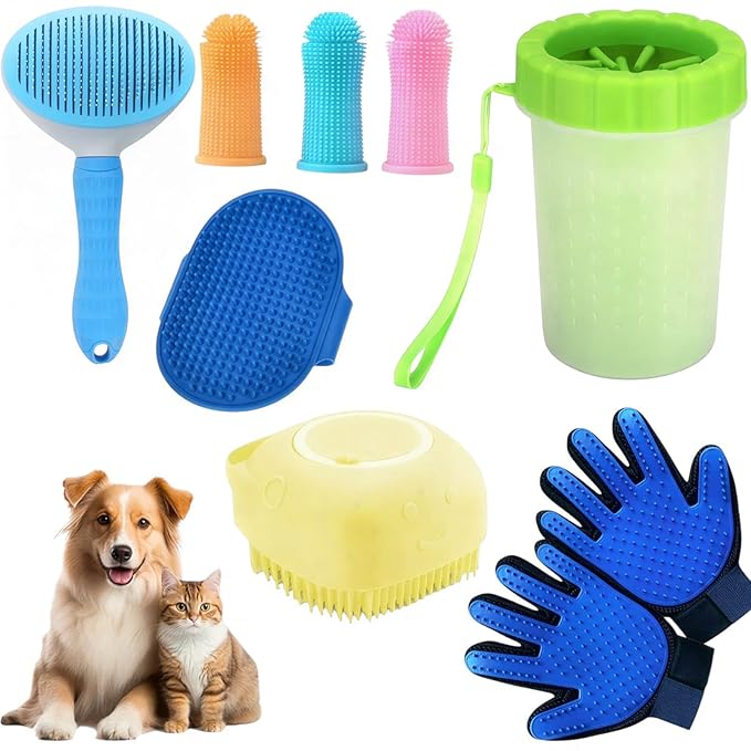 9PC Dog Grooming Kit – Paw Cleaner, Dog Shampoo Brush, Bath & Scrubber Brush, Hair Removal Gloves, Finger Toothbrushes | Complete pet Bath & Deshedding Tools for Shedding & Cleaning