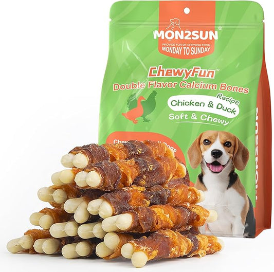 MON2SUN Double Flavor Dog Treats, 4 Inch Chicken and Duck Wrapped Calcium Bones, Rawhide Free Chews for Small Dogs, Teeth Cleaning Bones, 10.58oz (15 Count-Pack of 1)