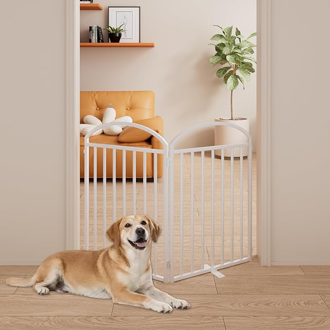 2 Panels Full Matel Freestanding Dog Gates, 48" Extra Wide 32" Tall Free Standing Dog Pet Gate for Indoor & Outdoor. Foldable Pet Fences for Doorways, House, Stairs, Porch, Deck, Yard