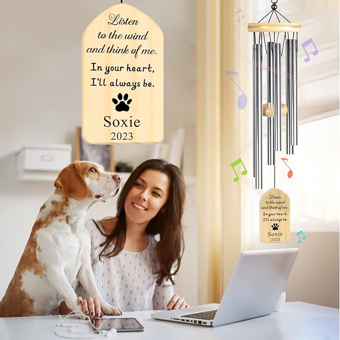 Dog Memorial Gifts, Jocidea Personalized Pet Memorial Wind Chime, Loss of Dog Sympathy Gift, Pet Remembrance Gifts, in Memory of Dog Cat, Loss of Pet - in Your Heart, I'll Always Be