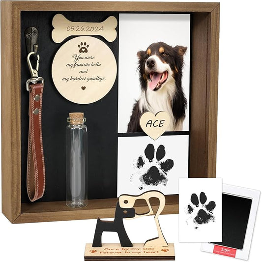 Pet Memorial Gifts for Dogs, 8.6'' Pet Memorial Shadow Box, Loss of Dog Sympathy Gift with Paw Print Kit, Fur Jar, Dog Passing Away Gifts for Tabletop Display & Wall