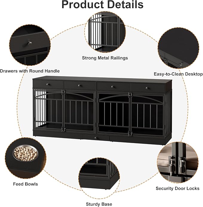 IDEALHOUSE 78.7" Double Dog Crate Furniture with Storage and 4 Doors, Dog Kennel Indoor with Feeding Bowls, Wood Dog Crate TV Stand for Small Medium Dogs, Black