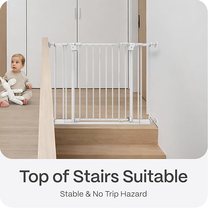 Perma Child Safety Safe Step Baby Gate for Stairs & Doorways, Rental Safe, 2-Minute Easy Install Pressure Mounted Gate, 28.8–40.1" Wide x 30" Tall, Auto Close, Stay Open, Ultra-Low Bar, White