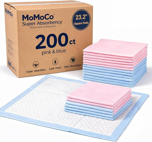 MoMoCo Puppy Pads 23″×23″ Disposable Dog Pee Pads Super Absorbent, Leak-Proof Puppy Training Potty Pads, 200-Count Value Pack (100 Blue + 100 Pink)