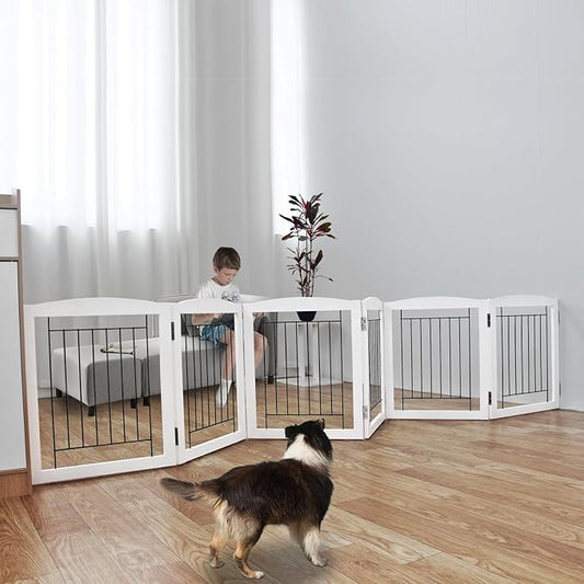 ZJSF Freestanding Foldable Dog Gate Wooden Extra Wide White Puppy Gate 6 Panels Tall Pet Gates for The House Dog Fence