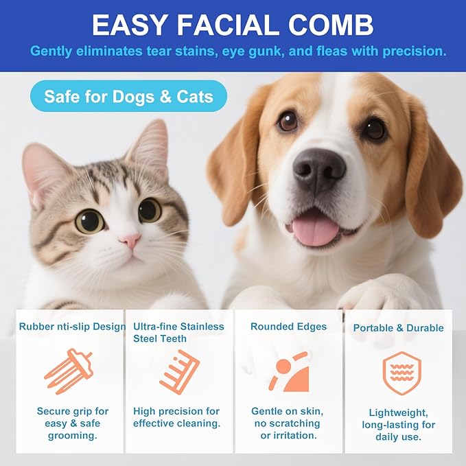 Pet Facial Grooming Comb for Dogs & Cats, Stainless Steel Deshedding Comb with Rounded Teeth, Multi-Fur Type Grooming Tool