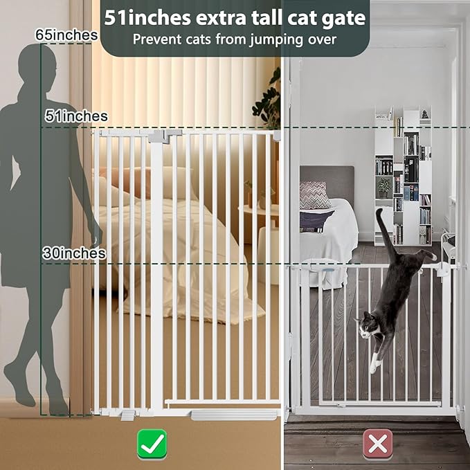 51'' Extra Tall Cat Gate for Doorways 30-49.2'' Wide, Climb Proof Pet Dog Gates for Kitten Dogs, Pressure Mounted No Drilling Cats Fence Barrier White