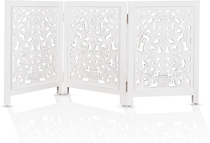 Decorative Wooden Pet Gate, Dog Fence, Cat Gate, Foldable, Adjustable, Portable, Extra-Wide, Wooden Dog Barrier, Free-Standing Puppy Gate 3 Panels for Indoor, Doorways, Stairs-24x54 Inch Antique White
