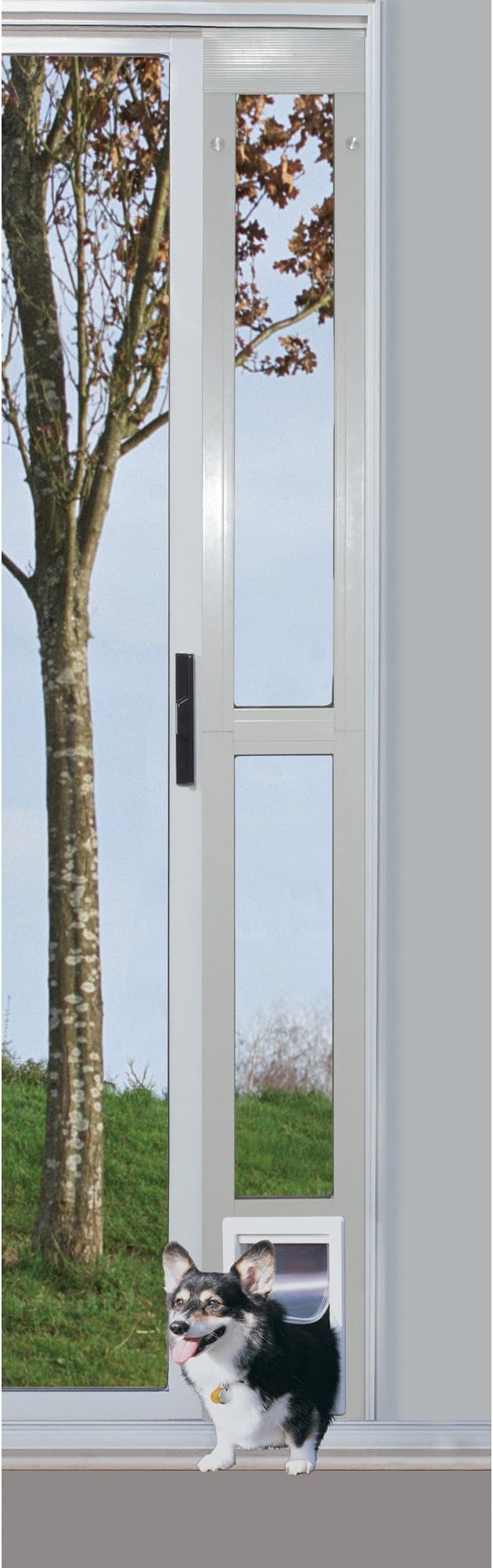 IDEAL PET PRODUCTS Since 1979 Ideal Pet 96” Aluminum 2-Piece Modular Pet Patio Door with Single Pane Glass and Clear Flexible Flap, for Cats or Dogs, 7" x 11-1/4" Flap Size
