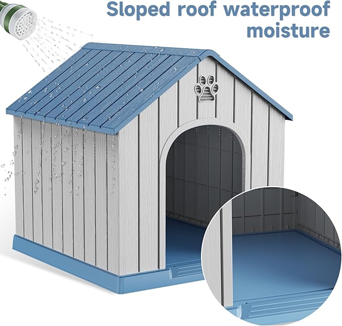 VIXZEN Dog House Outdoor, 26 Inch Resin Dog House Indoor Small Dog - Waterproof & UV-Resistant, Hidden Vents & Stable Structure, Easy Assembly, Versatile Storage, All-Weather Doghouse Outdoor (Blue)