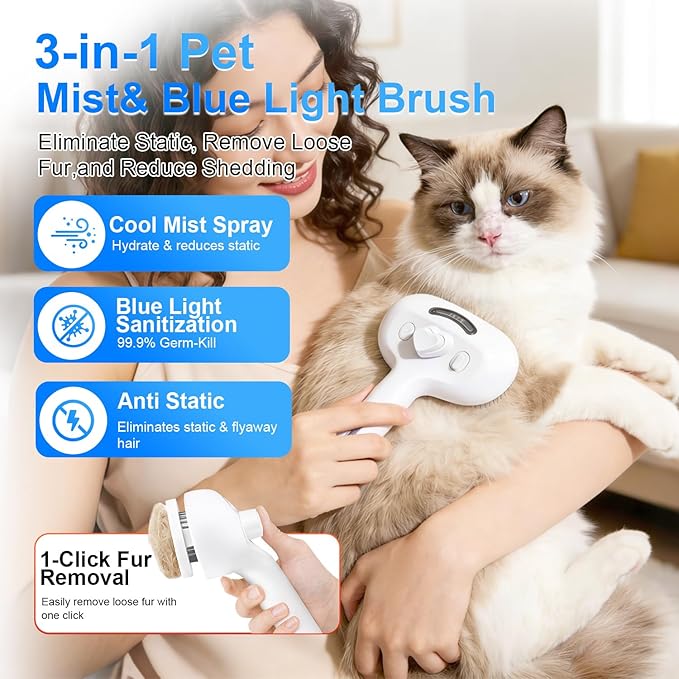 Pet Steam Brush for Dog & Cat - 4-in-1 Blue Light Steam Grooming Brush for Shedding & Hair Removal - Self Cleaning Spray Comb with Mist for Long Haired Pets - Includes 1*Waterless Shampoo, White.