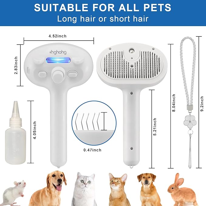 Pet Steam Brush for Shedding, 4 In 1 Brush for Long & Short Haired Cat&Dog, Self-Cleaning Hair Remover with Water Tank And LED Blue Light, Release Button(grey)