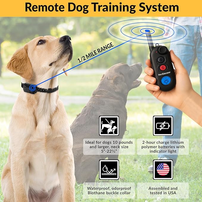 Educator Pro 1/2 Mile Dog Training Collar with Ergonomic Remote, Safe Humane Vibration Stimulation, Pavlovian Tone, Waterproof, Odorproof Biothane Collar, Night Light, Rechargeable, 2 Dog, Black
