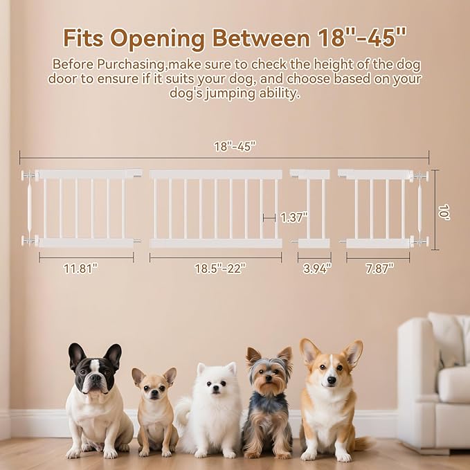 Short Dog Gate,18"-45" Adjustable Extra Wide Metal Short Dog Gate to Step Over, 10" Tall Small Pet Gate with 3 Extension Kits