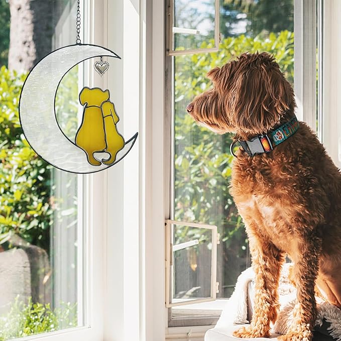 Stained Glass Dog Suncatcher, Window Hangings for Loss of Dog, Pet Memorial Gifts, Double Yellow Dogs on the Moon
