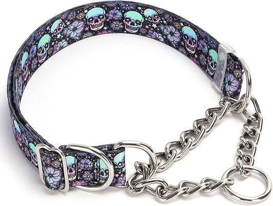 Skull Chain Martingale Collar for Dogs, No Pull Slip Cinch Choker Choke Collar Training Escape Proof Heavy Duty Dog Collar for Extra Large Medium Large Pet Boy Male Dogs, M