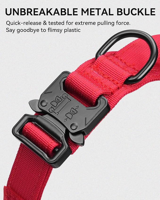 Joytale Tactical Dog Collar with Handle and Metal Buckle, Heavy Duty Padded Military Collar with 2 Patches for Training, Adjustable for Large Dogs, Red, L