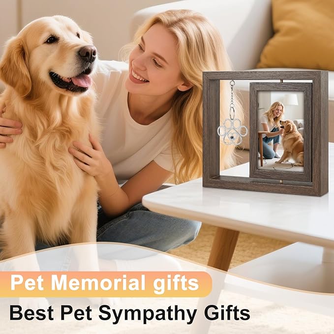 Uross Dog Memorial Gifts for Loss of Dog- Pet Memorial Remembrance Bereavement Sympathy Gifts for Dogs, Rotating Wooden Passing Away Picture Frame for 4x6 Photo- Brown