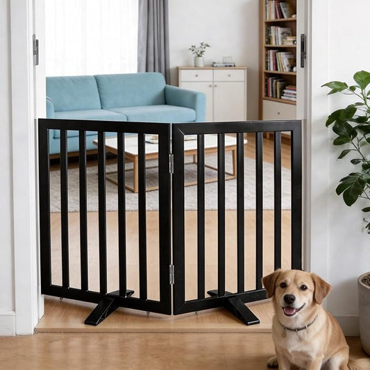Dog Gate Indoor, Freestanding Dog Fence for The House, Doorways, Hallways,or Stairs,Pet Gate Foldable Wooden,Expandable 24" Height 2 Panels,Black