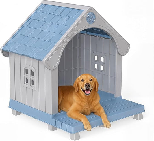 DRATO Large Dog House Outdoor Indoor, Sturdy Plastic Waterproof Doghouse with Air Vents and Elevated Floor, Easy Clean & Assemble for Medium Large Dogs (Blue, 33" L×31.5" W×38" H)