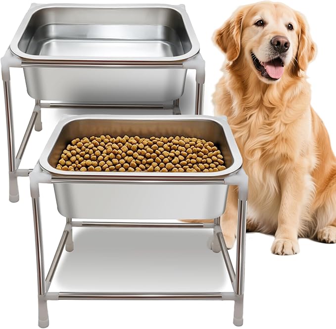 1.5 Gals 2 Sets Raised Dog Water Bowl Large Sized Dog Elevated Dogs Food and Water Bowl with Stand for Medium to Large Breeds Stainless Steel Indoor Outdoor Pets Feed Waterer Station (2 Sets)