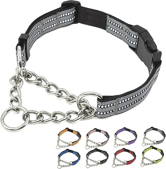 Martingale Dog Collars, Reflective Nylon Collar with Stainless Steel Chain, Adjustable Walking Training Dog Collars with Quick Release Buckle, Suitable for Small Medium Large Dogs(Gray,L)
