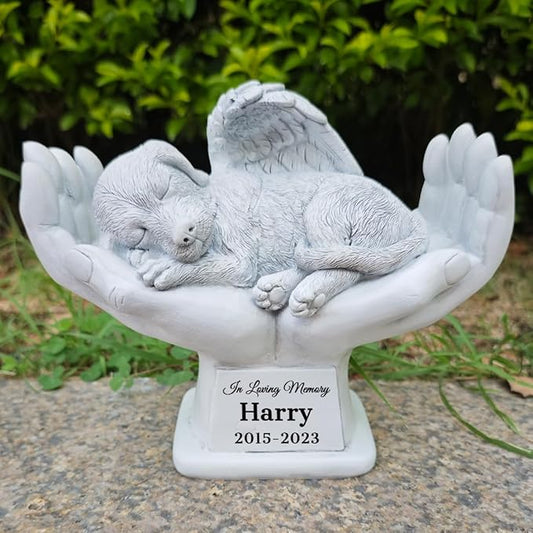 Personalized Pet Dog Grave Markers Angel Dog Statue Memorial Stone Sleeping in God's Hands, Dog Pet Headstone Garden Tombstone，in Loving Memory of A Pet Lost Dog Gifts (A)