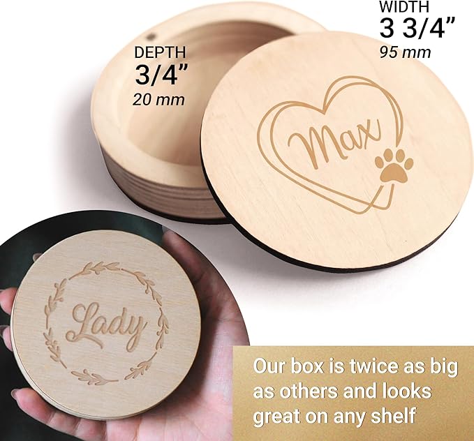 Personalized Pet Hair Keepsake Box for Dog and Cat Fur - Engraved Wood Memorial Box - Unique Customized Gift for Loss of Furry Friend Wooden (Light Round Wood/Acrylic Lid)