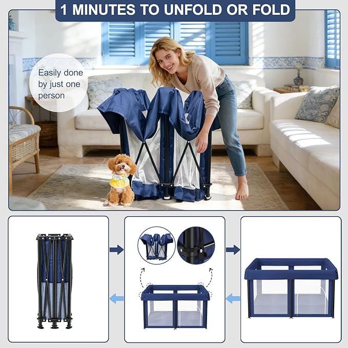 50x50x25.6 Inches Puppy Playpen with Gate, Foldable Dog Playpen for Puppies or Small Dogs, Pet Fence with Thickened Fabric, for Indoor Outdoor (Blue)