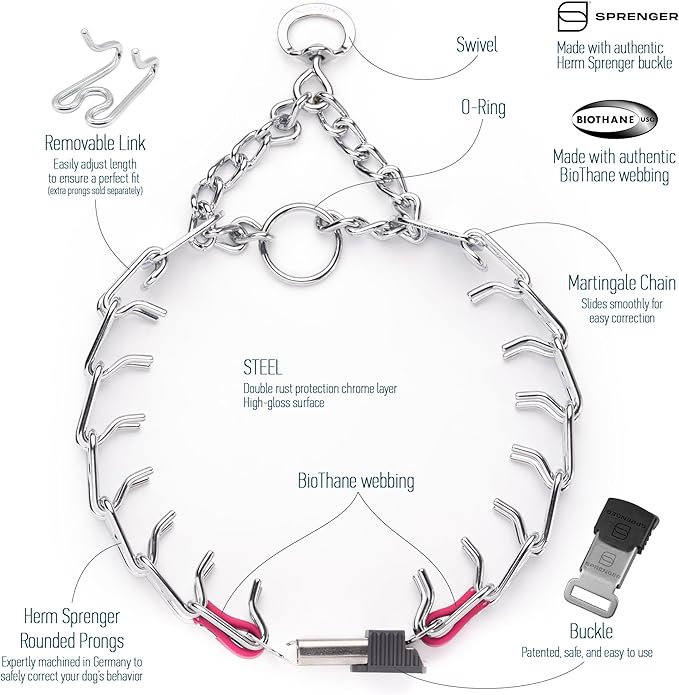 Herm Sprenger Chrome Plated Steel Dog Collar with Short Links and Quick Release ClicLock Buckle and Biothane Insert Made in Germany 20in x 3.0mm (Neck Size up to 16-17in) (Passionfruit Pink)