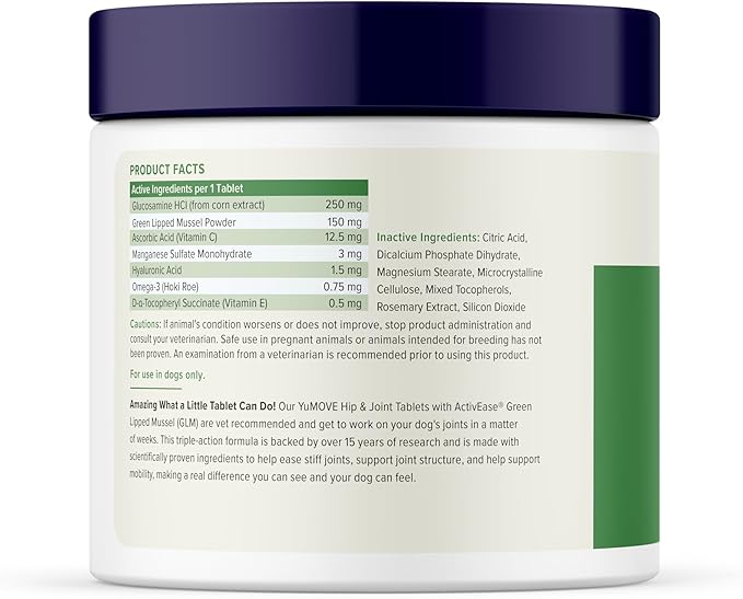 YuMOVE Hip & Joint Supplement for Dogs with Glucosamine, Hyaluronic Acid, Green Lipped Mussel & Omega 3 Joint Supplement - Regular or Advanced Strength (300 Count, Chewable Tablets)