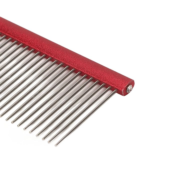 Dog Comb, Stainless Steel Metal Dog Comb Pet Comb with Rounded Ends for Both Short-Haired and Long Haired Breeds(Red)